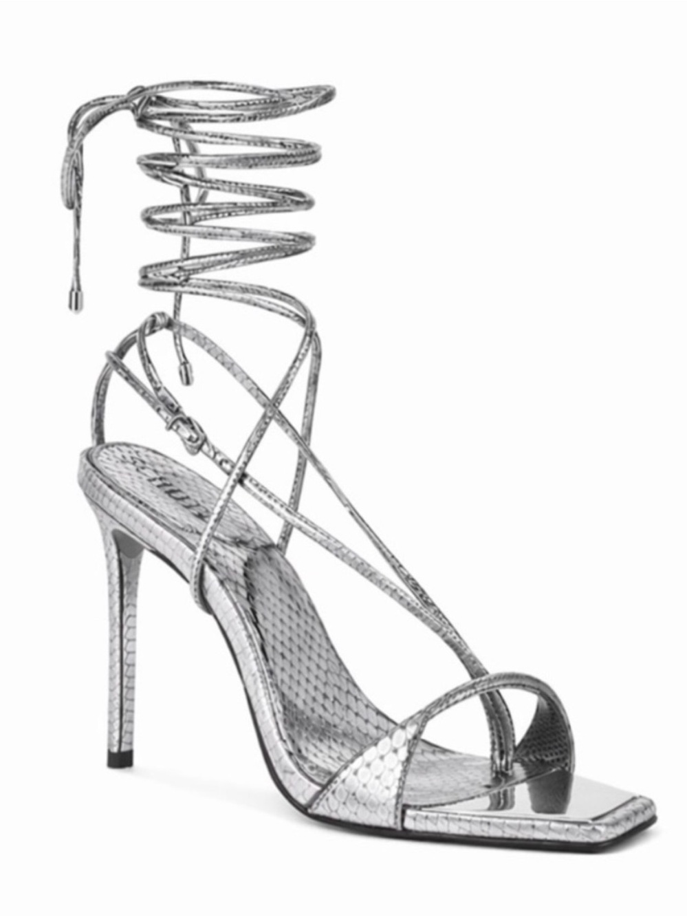 SCHUTZ Silver Lace-Up Snake-Embossed Stiletto Sandal